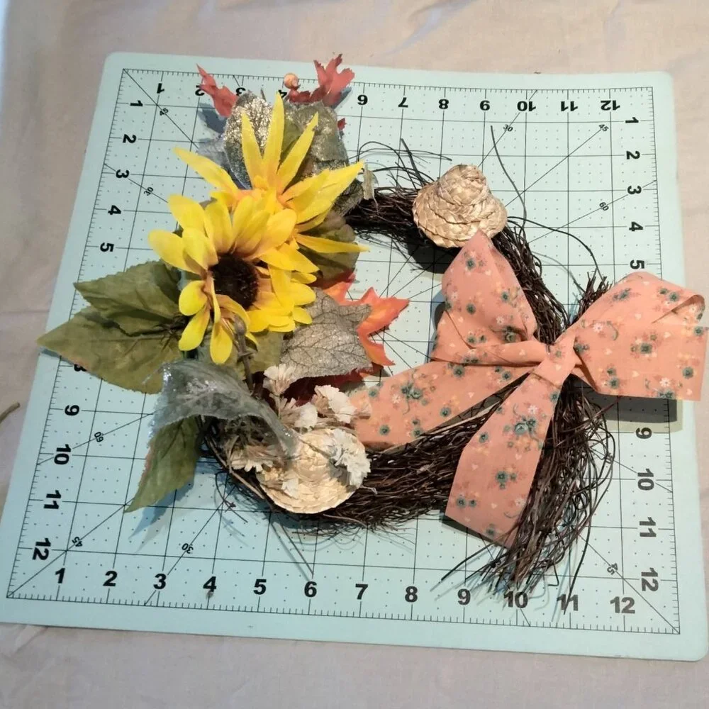 Rustic Fall Grapevine Wreath Sunflower Floral Ribbon Wicker Hat Brown Orange 8 i